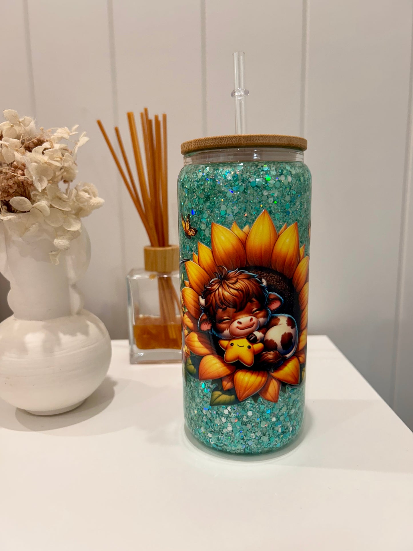 16oz Glass Snowglobe ~ Cow in Sunflower