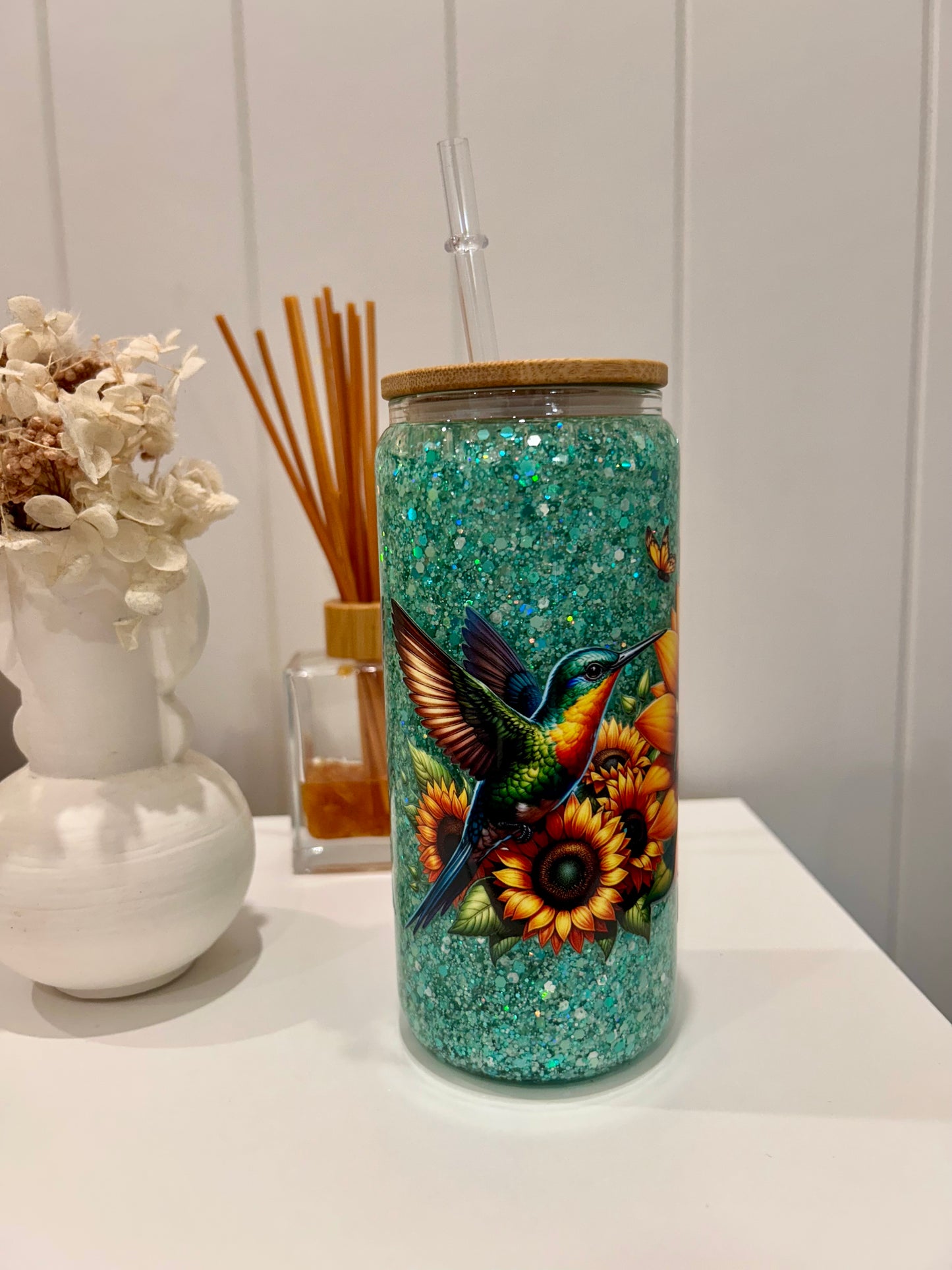 16oz Glass Snowglobe ~ Cow in Sunflower