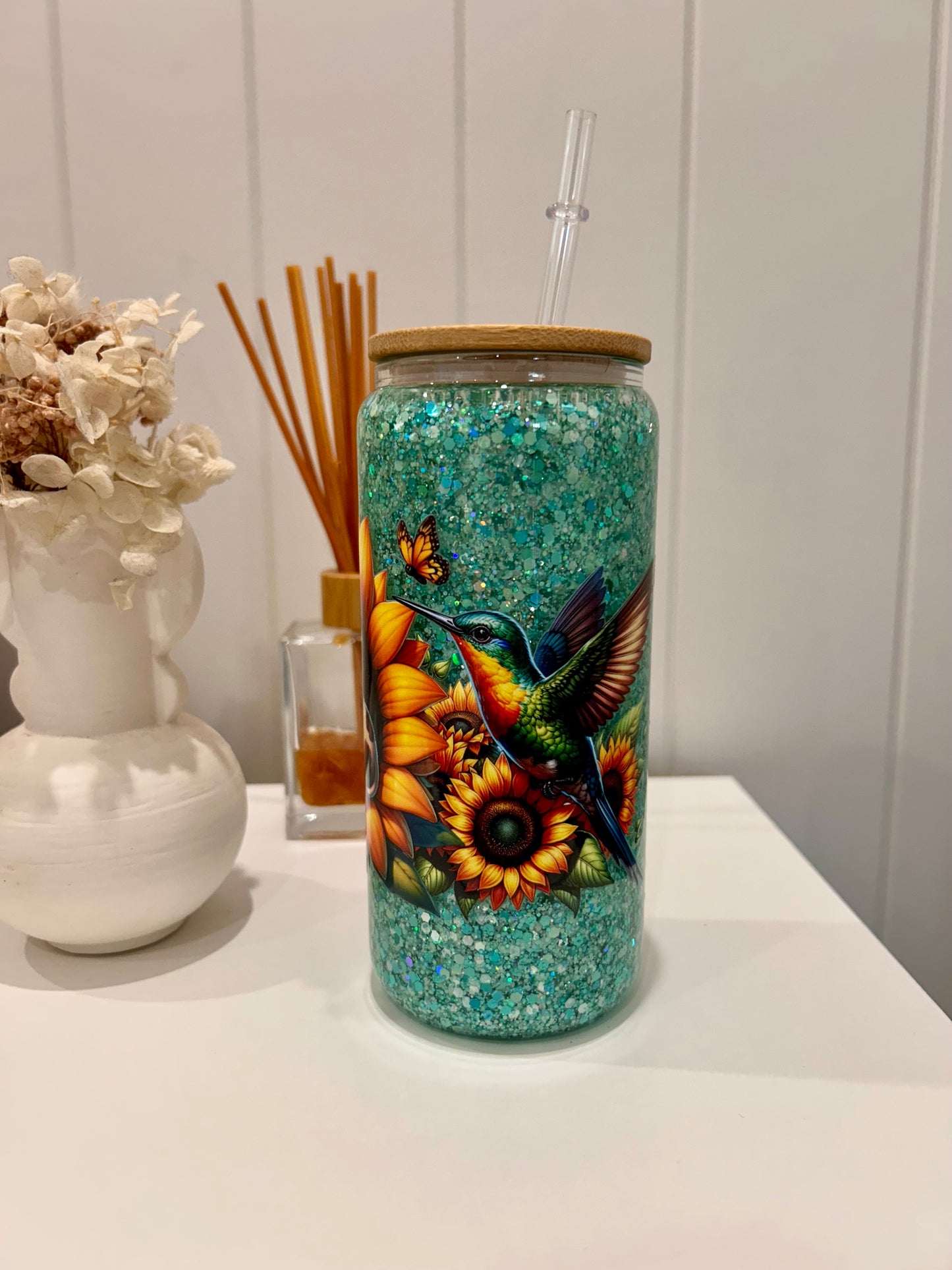 16oz Glass Snowglobe ~ Cow in Sunflower