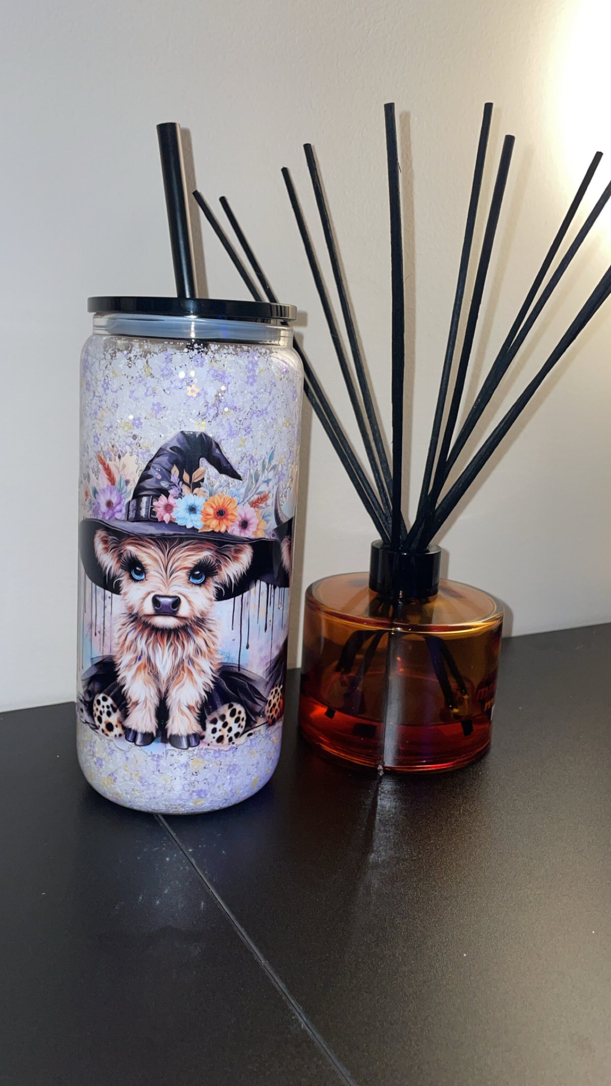 16oz Glass Snowglobe ~ Halloween Witch Cow