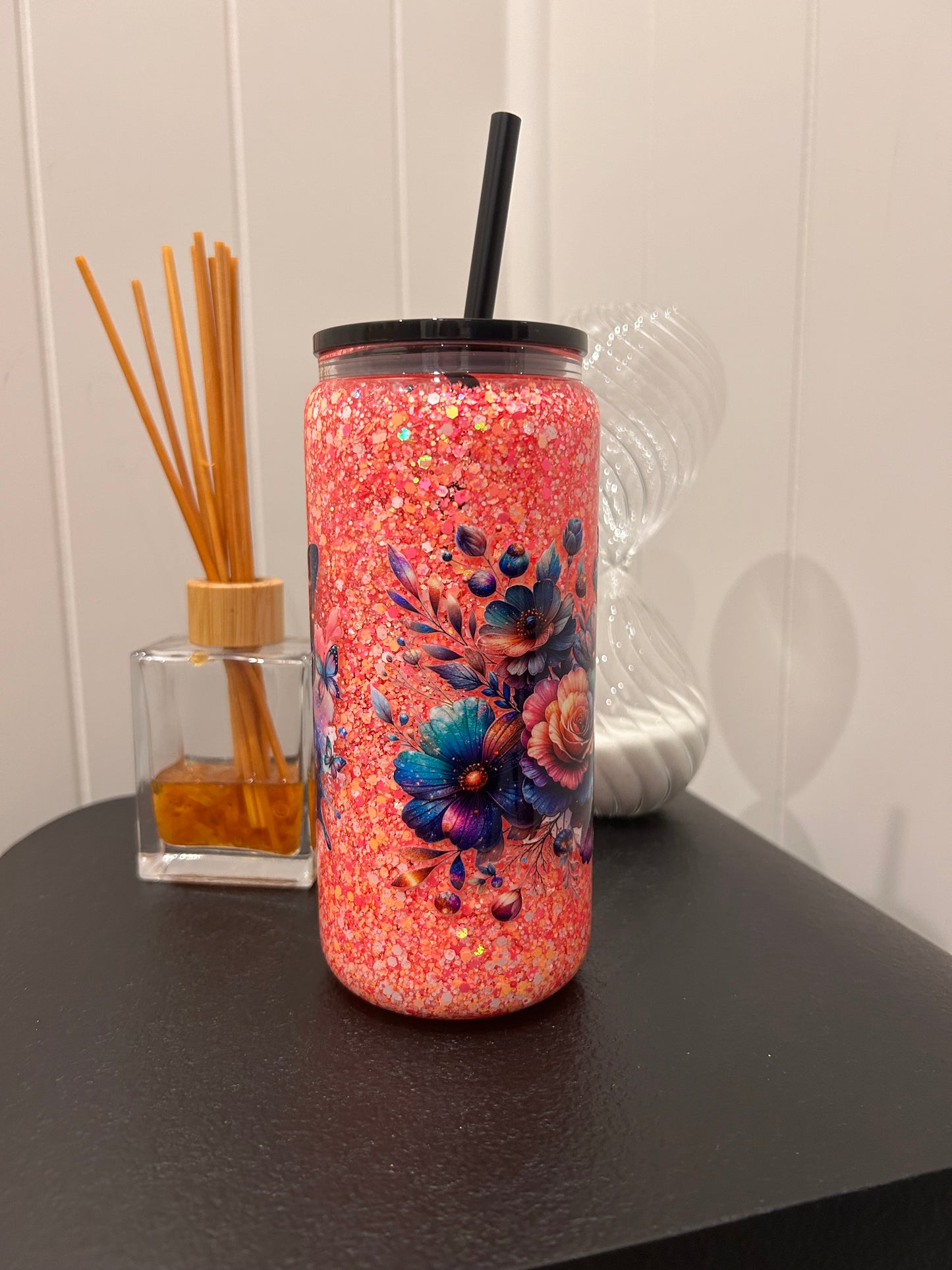 16oz Glass Snowglobe ~ Galaxy flowers
