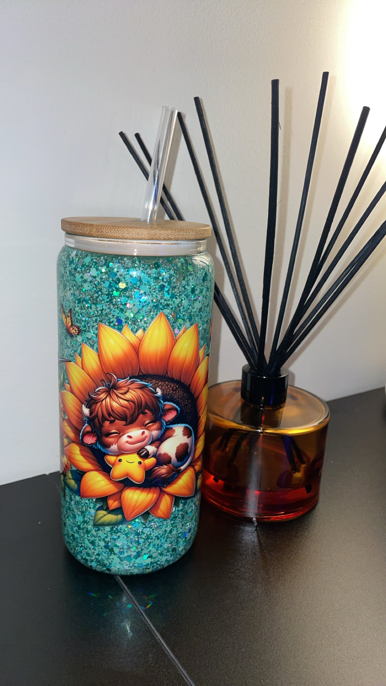 16oz Glass Snowglobe ~ Cow in Sunflower