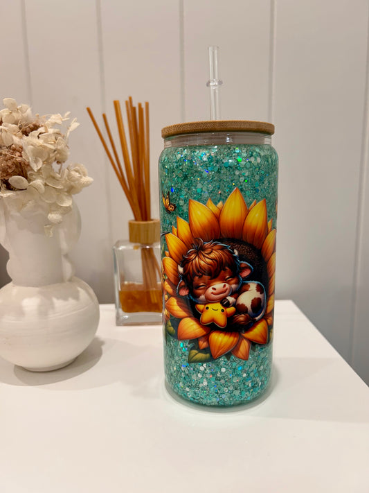 16oz Glass Snowglobe ~ Cow in Sunflower