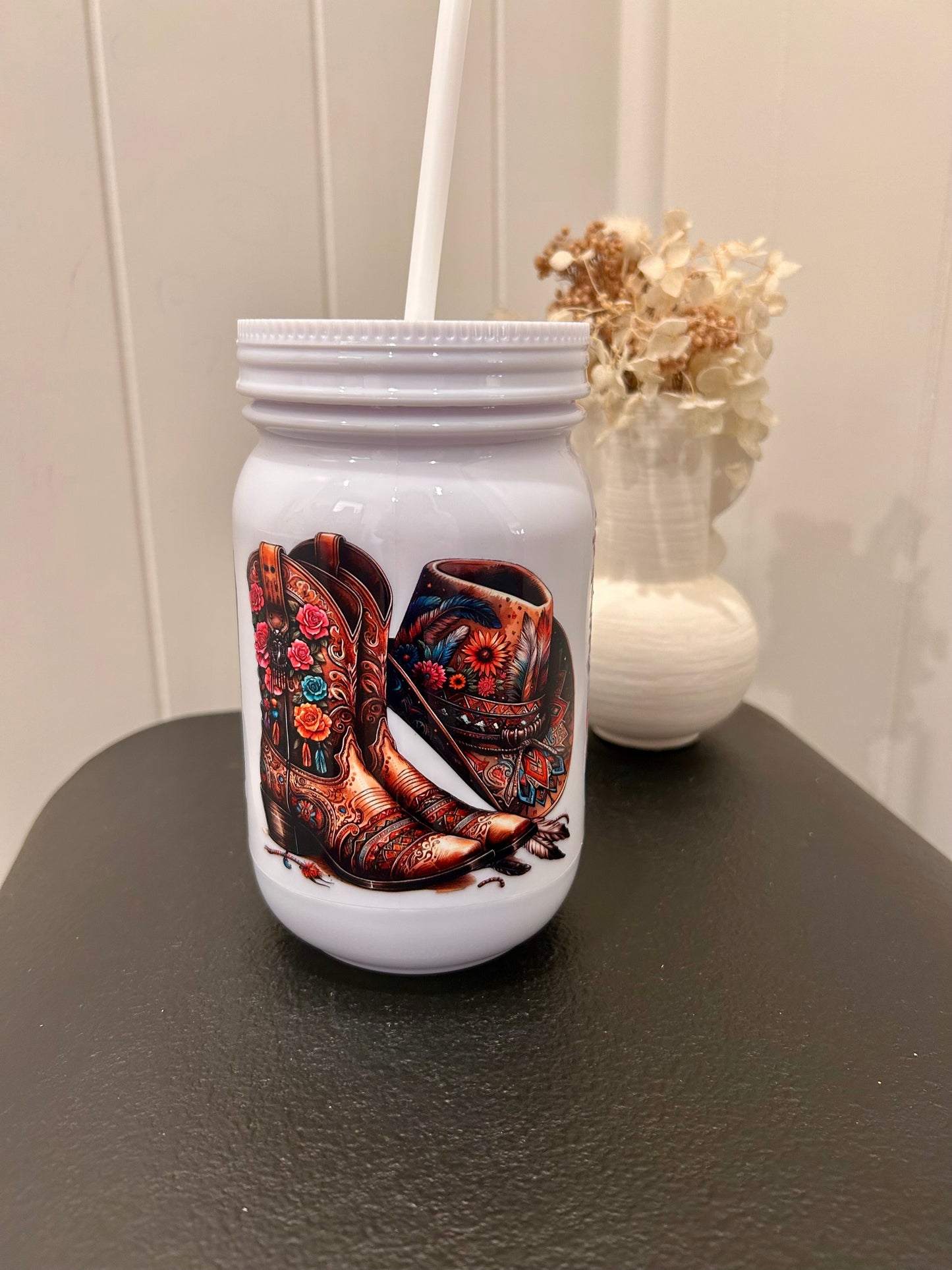 Cowgirl Boot White Mason Jar