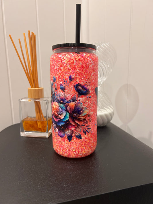 16oz Glass Snowglobe ~ Galaxy flowers