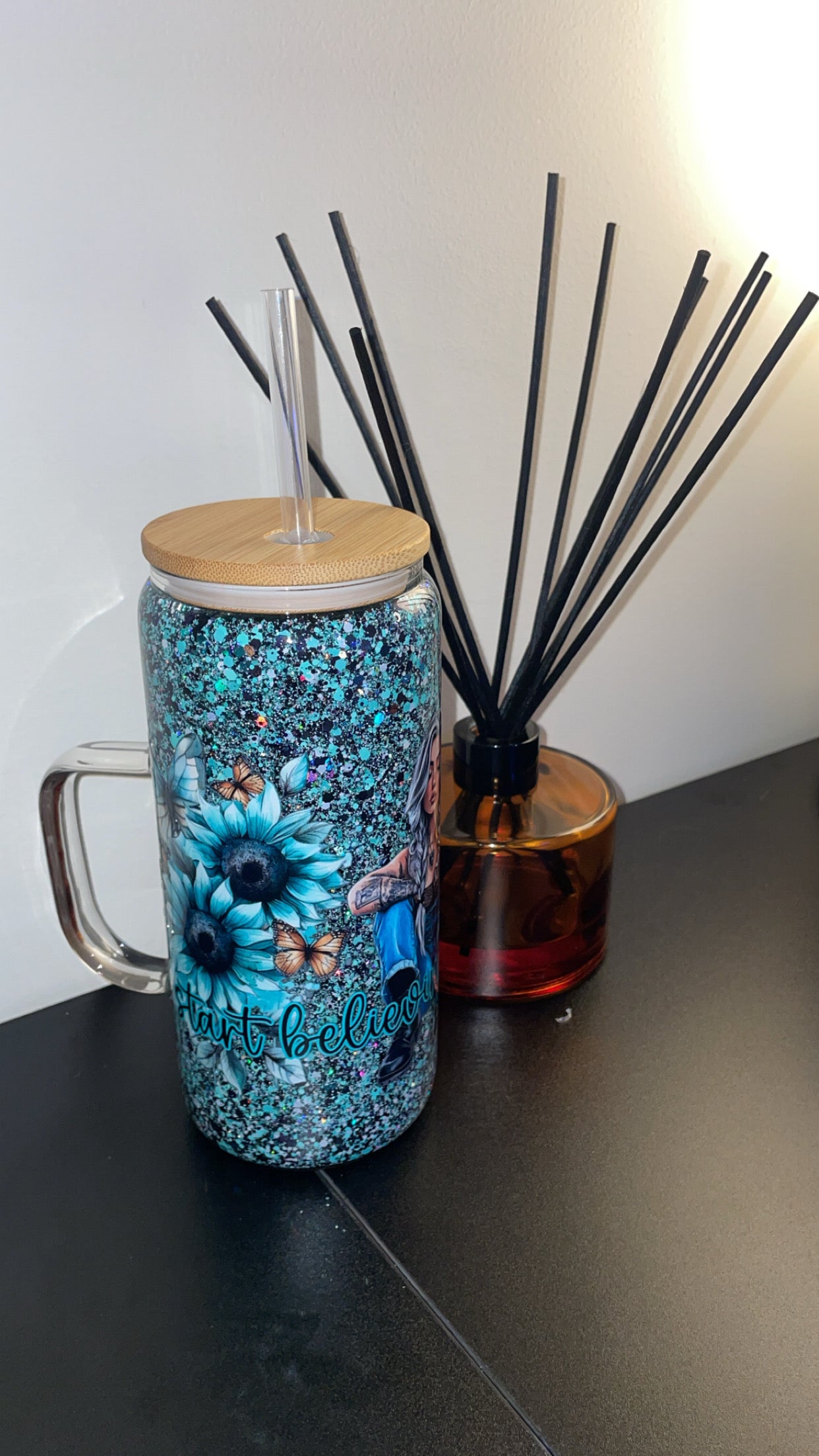 15oz Glass Mug with Handle ~ Start Believing in Yourself