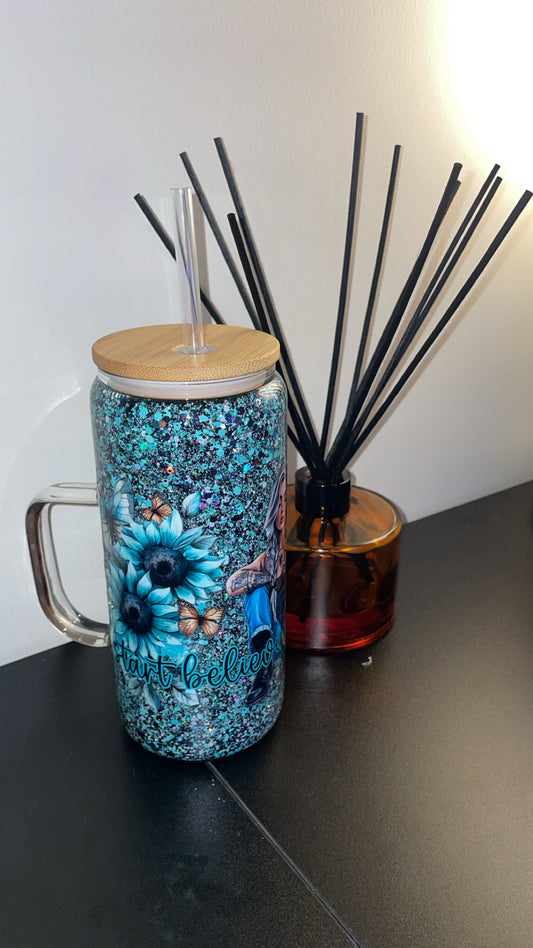 15oz Glass Mug with Handle ~ Start Believing in Yourself