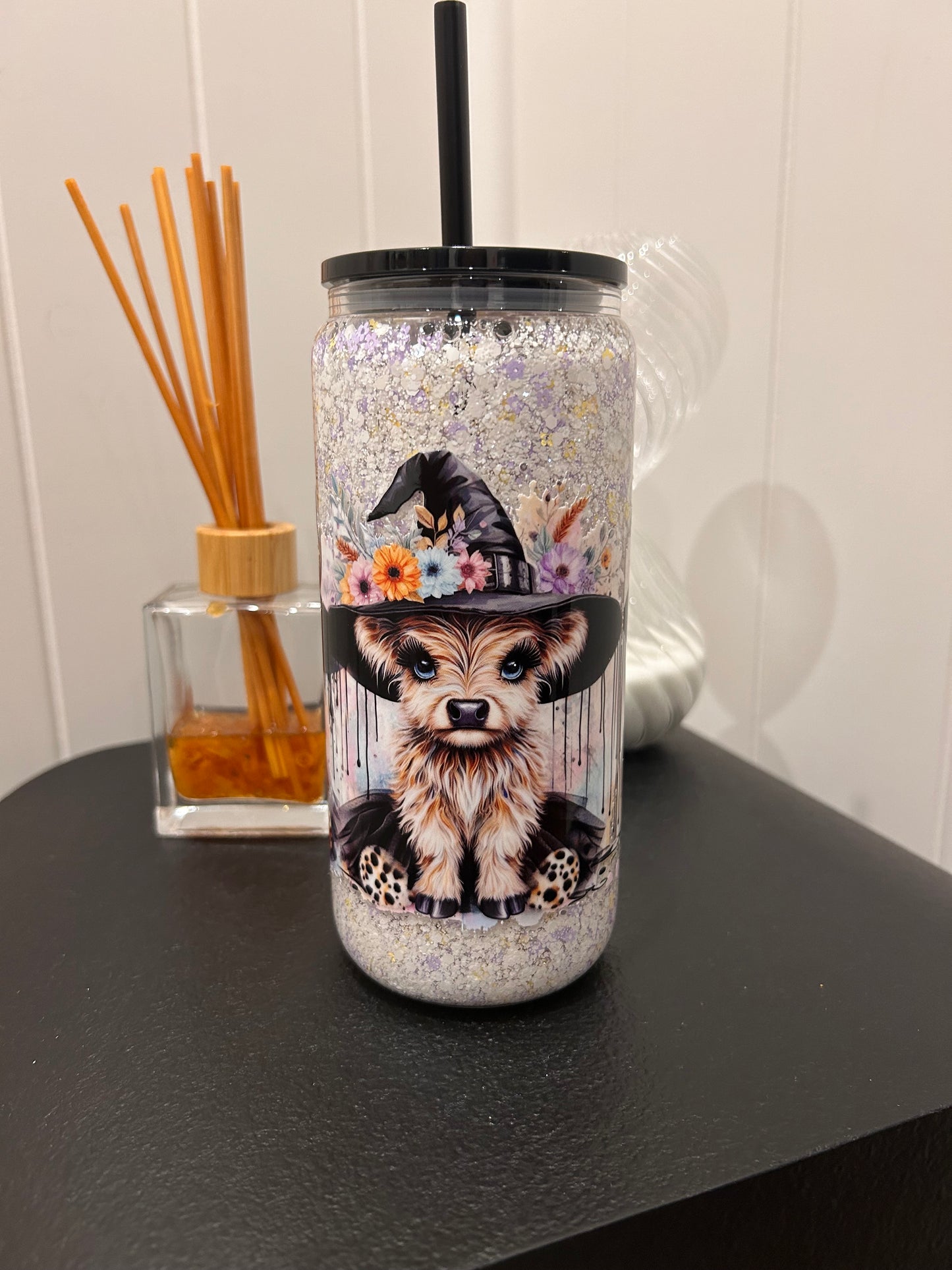 16oz Glass Snowglobe ~ Halloween Witch Cow