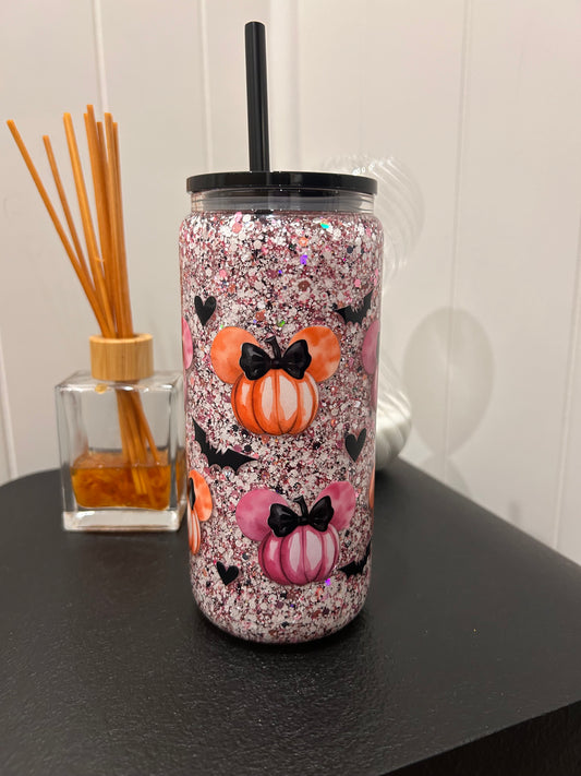 16oz Glass Snowglobe ~ Pumpkin and Bats Halloween