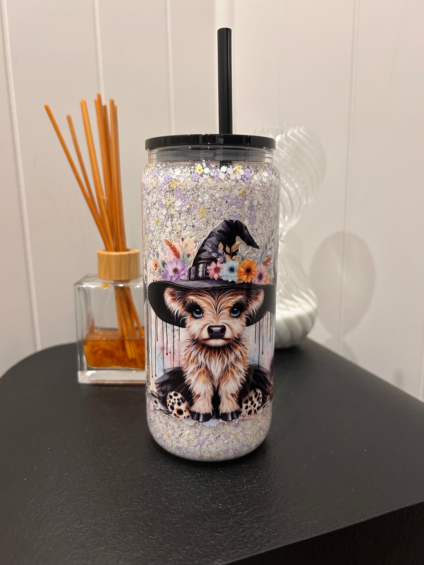 16oz Glass Snowglobe ~ Halloween Witch Cow
