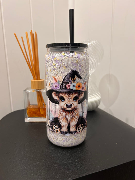 16oz Glass Snowglobe ~ Halloween Witch Cow